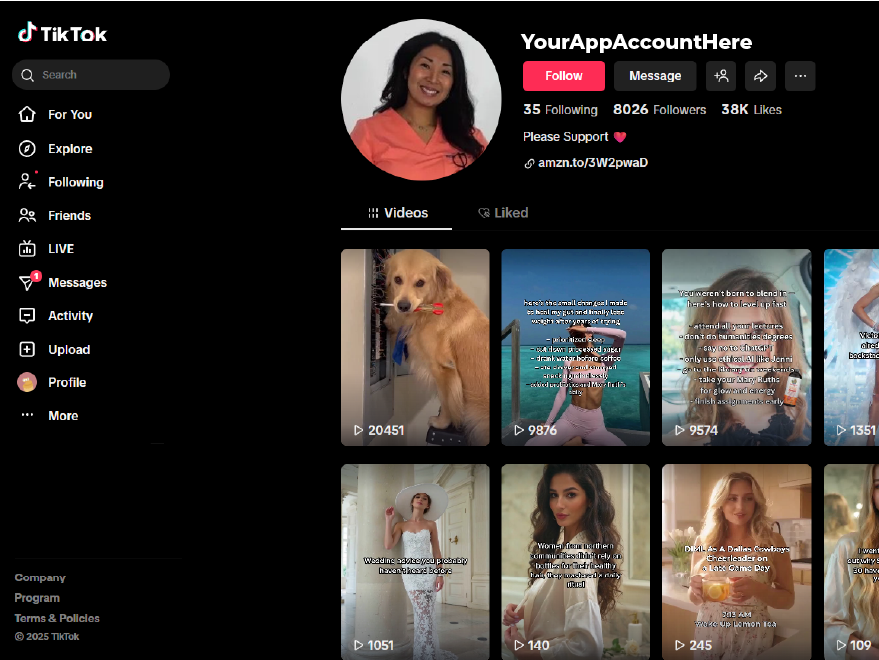 TikTok profile page showing a woman in coral top, username YourAppAccountHere, with follow and message buttons, followers and likes count, and a grid of video thumbnails including a golden retriever and various people.
